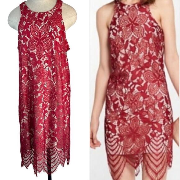 Express Red Floral Lace Overlay Cocktail Dress Womens Large Sleeveless Glam - Picture 1 of 11